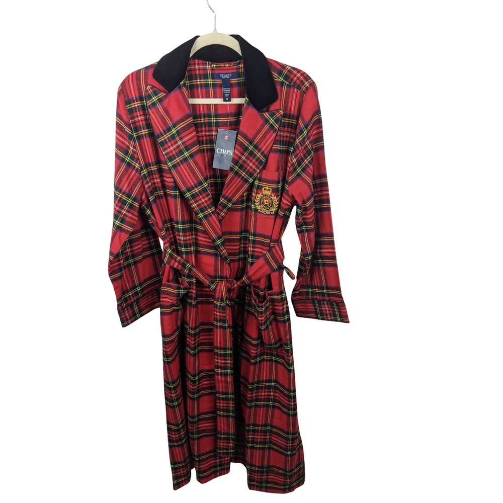 Chaps Red Plaid Flannel Robe Stewart Tartan Cotton Crest Logo Size M NEW